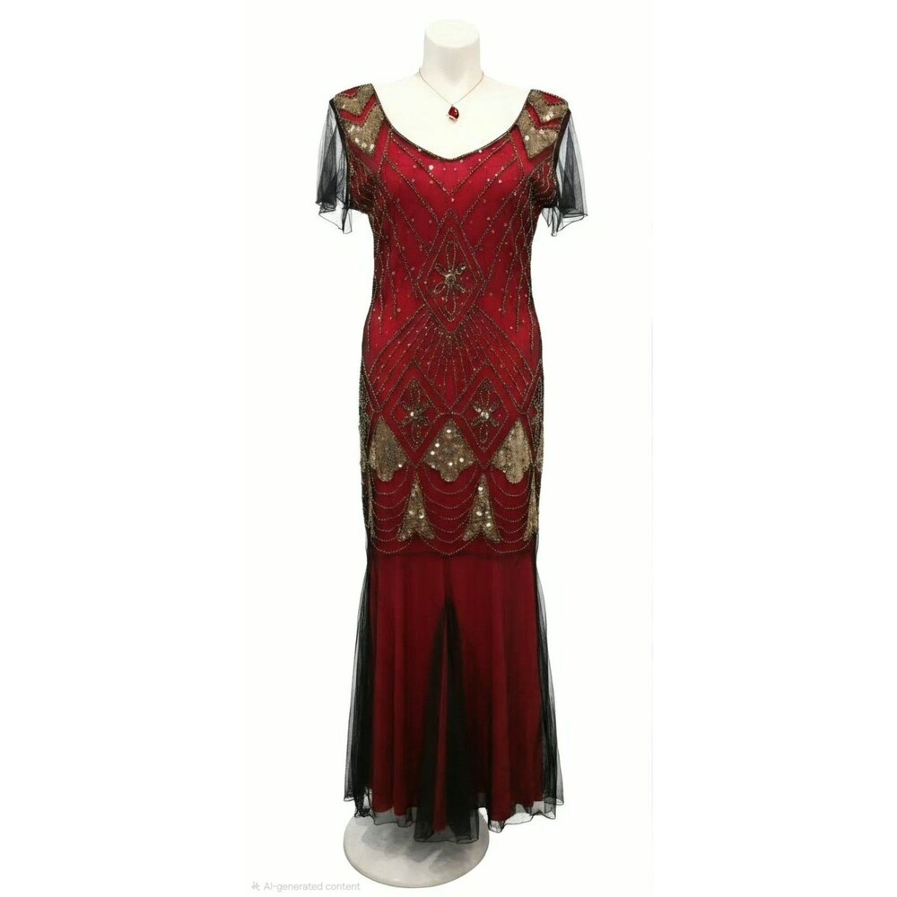 Red Sequin Flapper Dress Gatsby Party Evening Gown & Jewelry Set